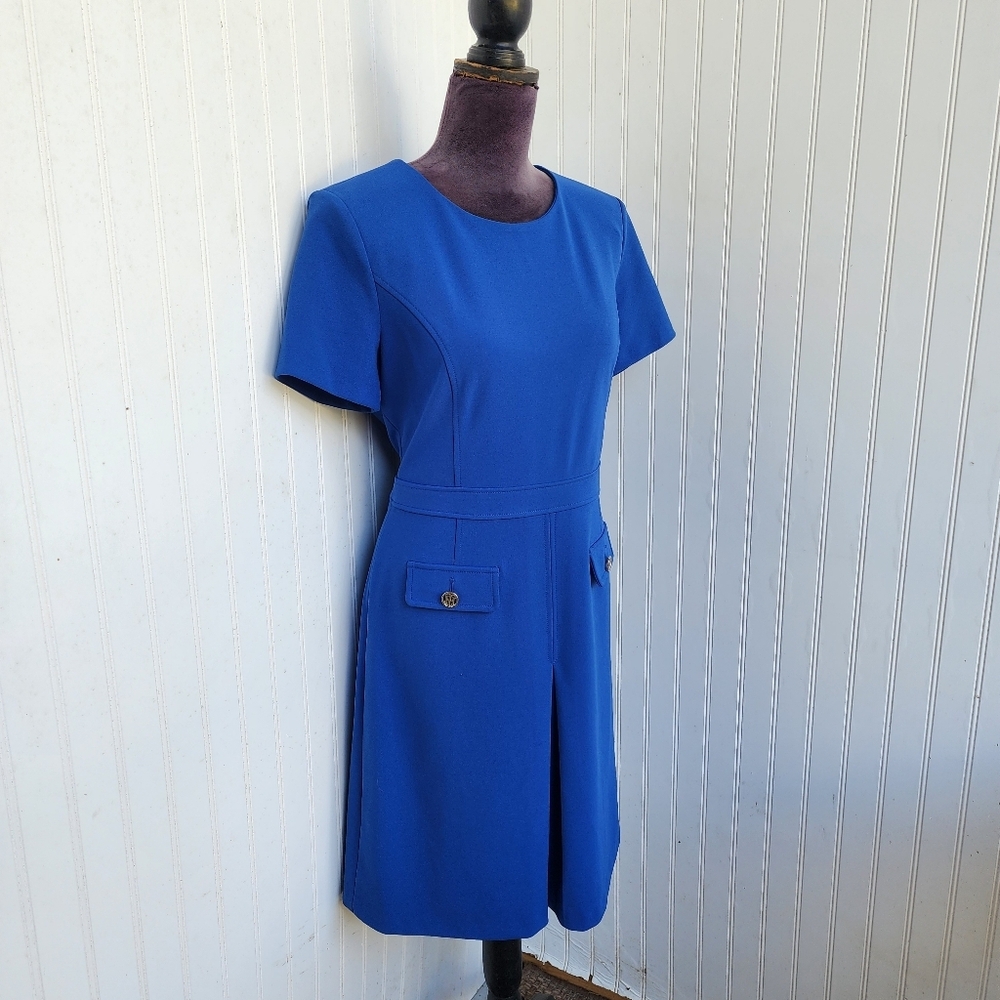 Tommy Hilfiger Blue Sheath Dress Short Sleeve Zip Back Stretch Scuba Sz 10 - Picture 3 of 15